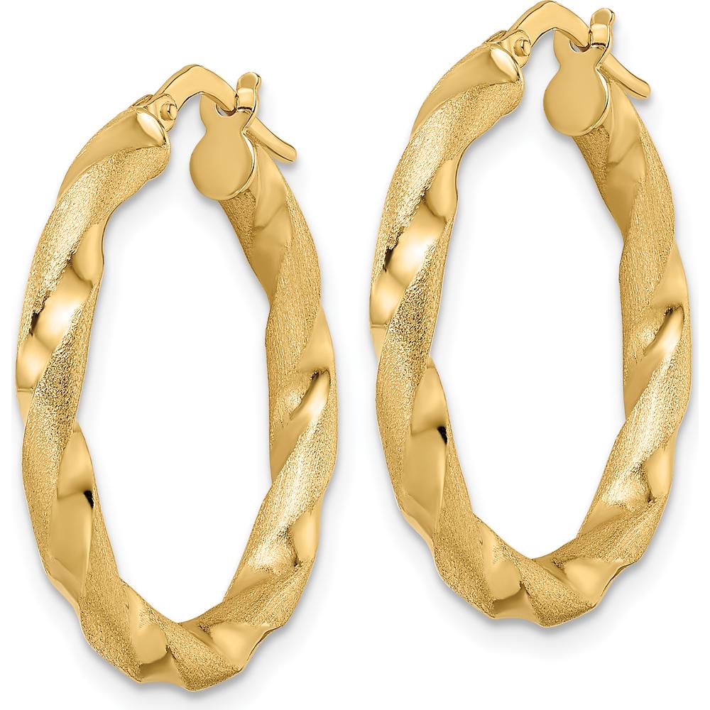 14K Yellow Gold Brushed and Polished Twisted Hoop Earrings - 26.5mm Length by 0