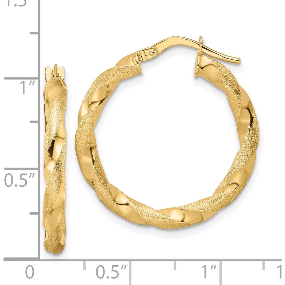 14K Yellow Gold Brushed and Polished Twisted Hoop Earrings - 26.5mm Length by 0