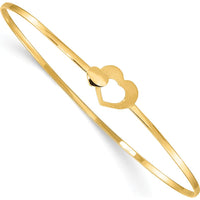 14K Yellow Gold Brushed and Polished Two Hearts Clasp Flexible Bangle Bracelet by Oro Pregiato