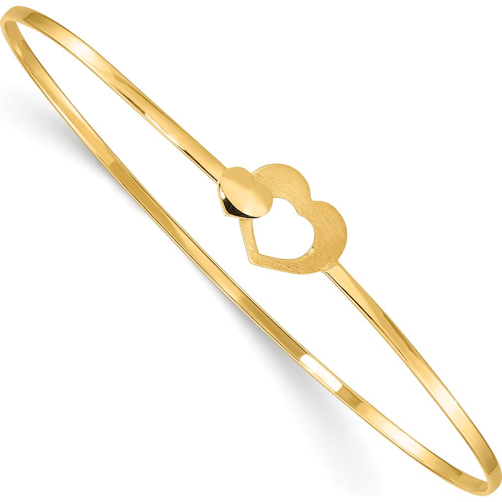14K Yellow Gold Brushed and Polished Two Hearts Clasp Flexible Bangle Bracelet by Oro Pregiato