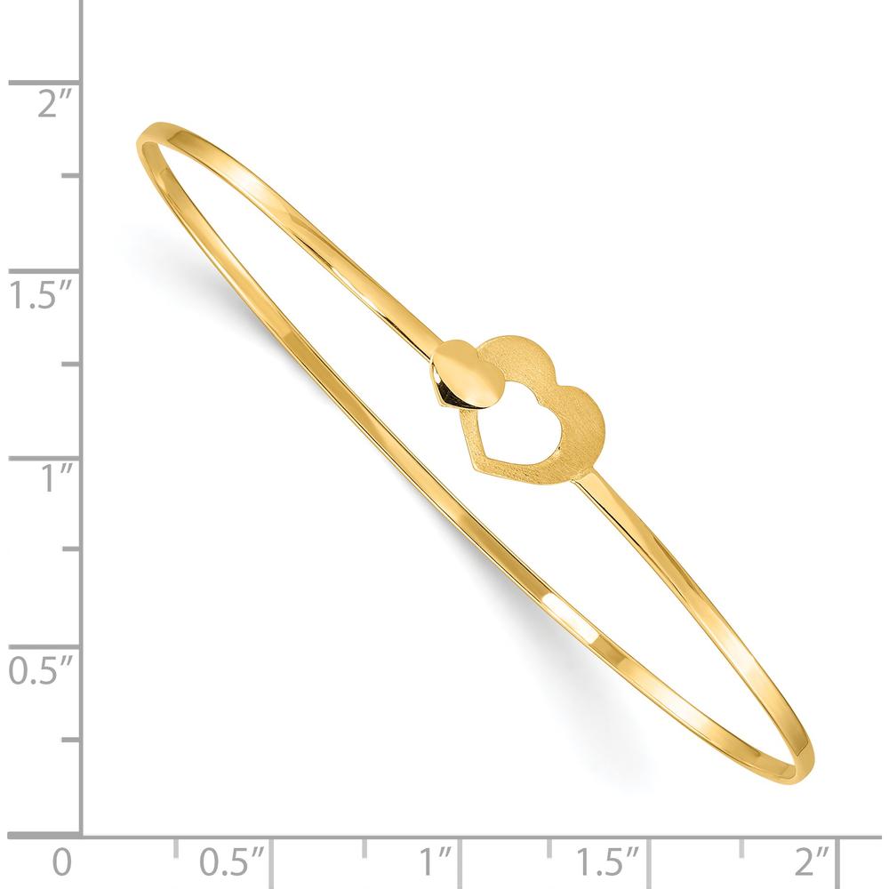 14K Yellow Gold Brushed and Polished Two Hearts Clasp Flexible Bangle Bracelet by Oro Pregiato