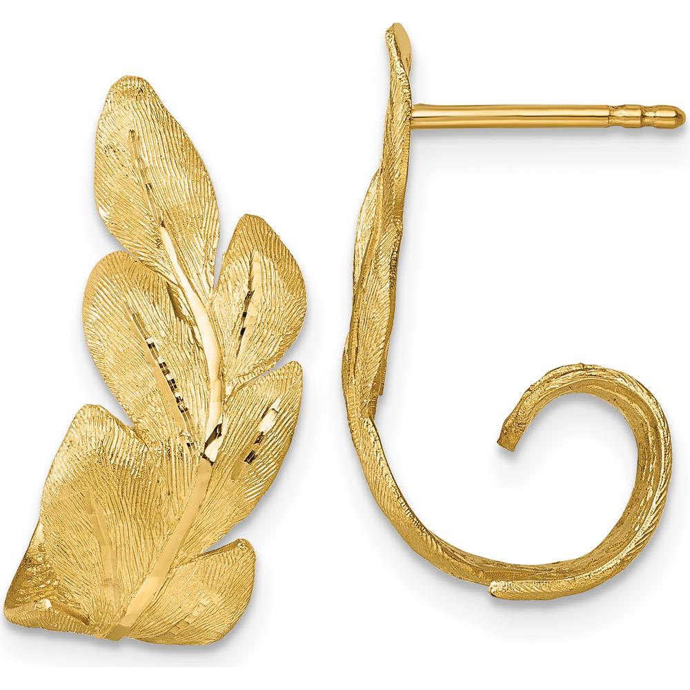 14K Yellow Gold Brushed and Textured Curled Leaf Drop Earrings - Elegant Design with Diamond-Cut Texture by 0