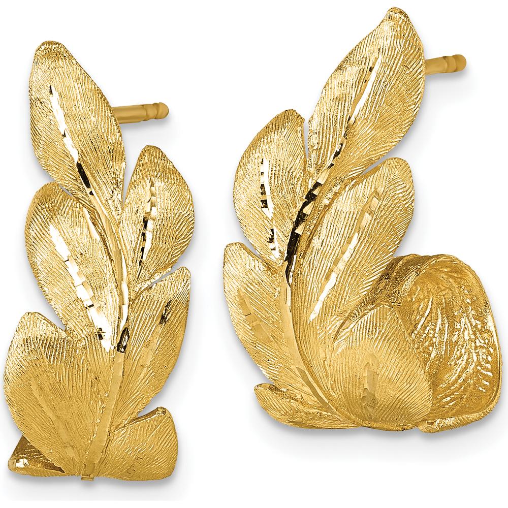 14K Yellow Gold Brushed and Textured Curled Leaf Drop Earrings - Elegant Design with Diamond-Cut Texture by 0