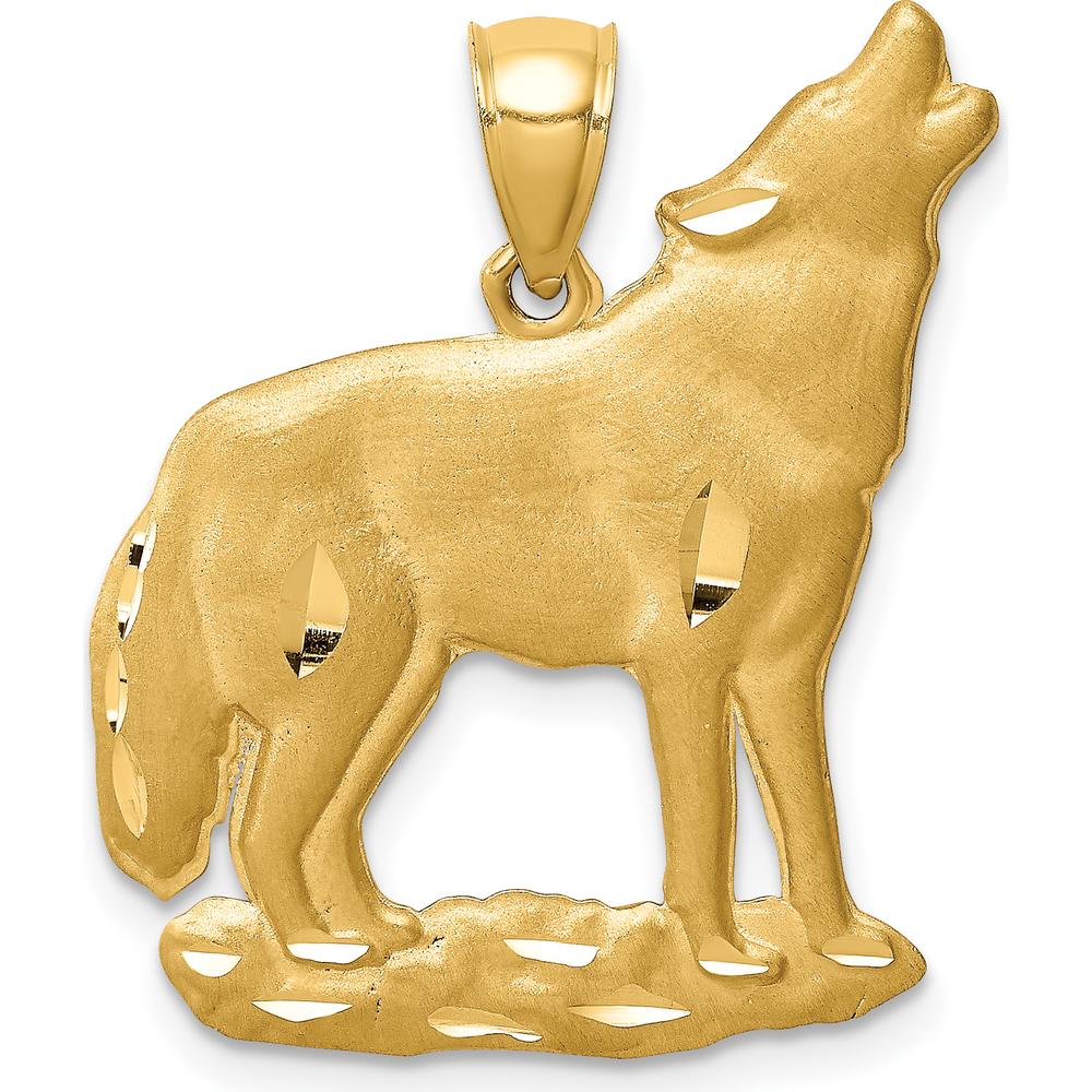 14K Yellow Gold Brushed Diamond-cut Howling Wolf Pendant - Solid Gold Wildlife Charm by Oro Pregiato