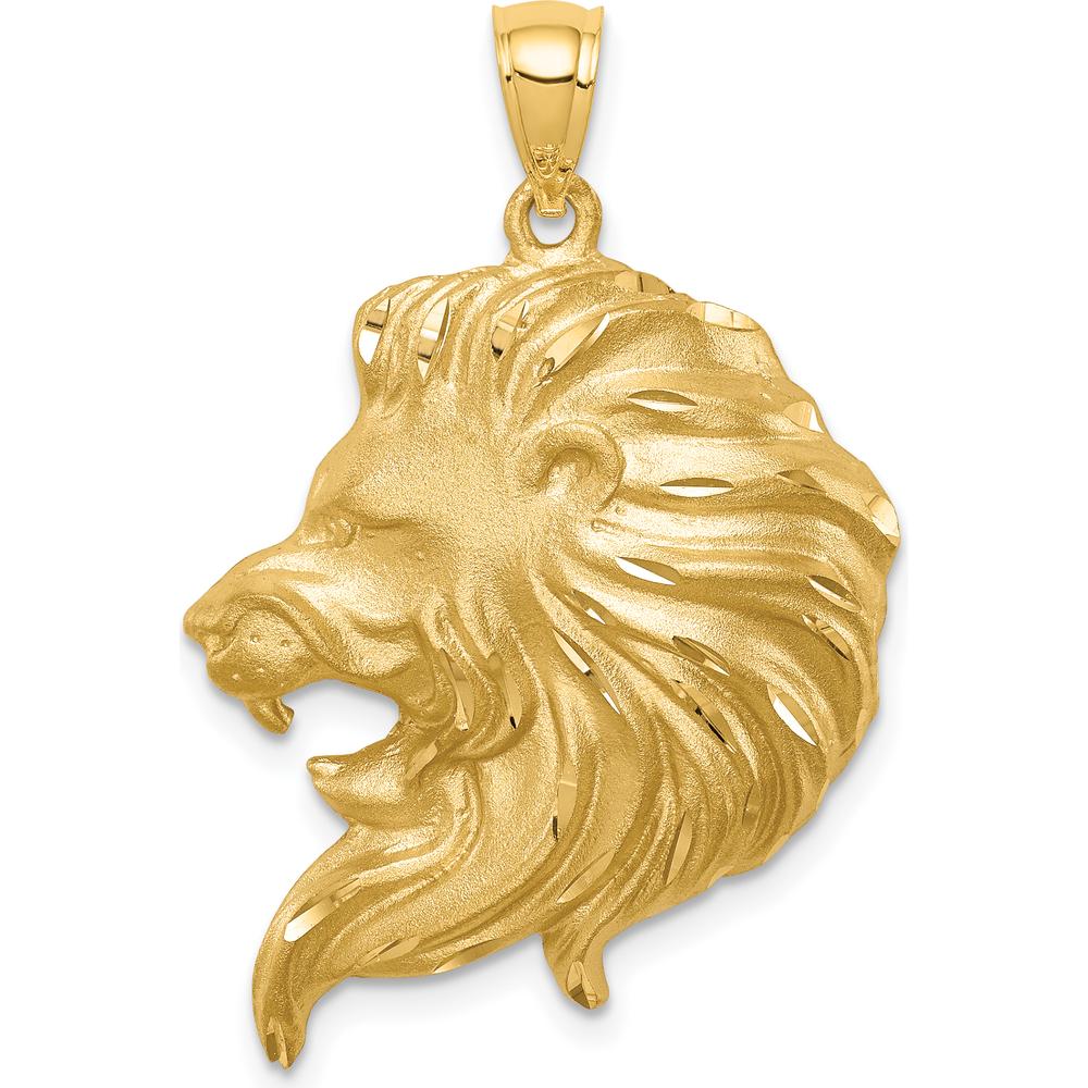 14K Yellow Gold Brushed Diamond-Cut Lion Head Pendant - 25.5mm Length by Oro Pregiato
