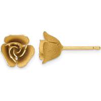 14K Yellow Gold Brushed Rose Flower Button Post Earrings - 10.3mm Length by 0