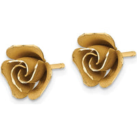 14K Yellow Gold Brushed Rose Flower Button Post Earrings - 10.3mm Length by 0