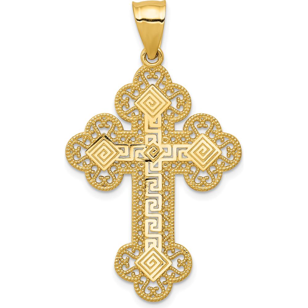 14K Yellow Gold Budded Greek Key Cross Pendant - Timeless Faith Design by Oro Pregiato