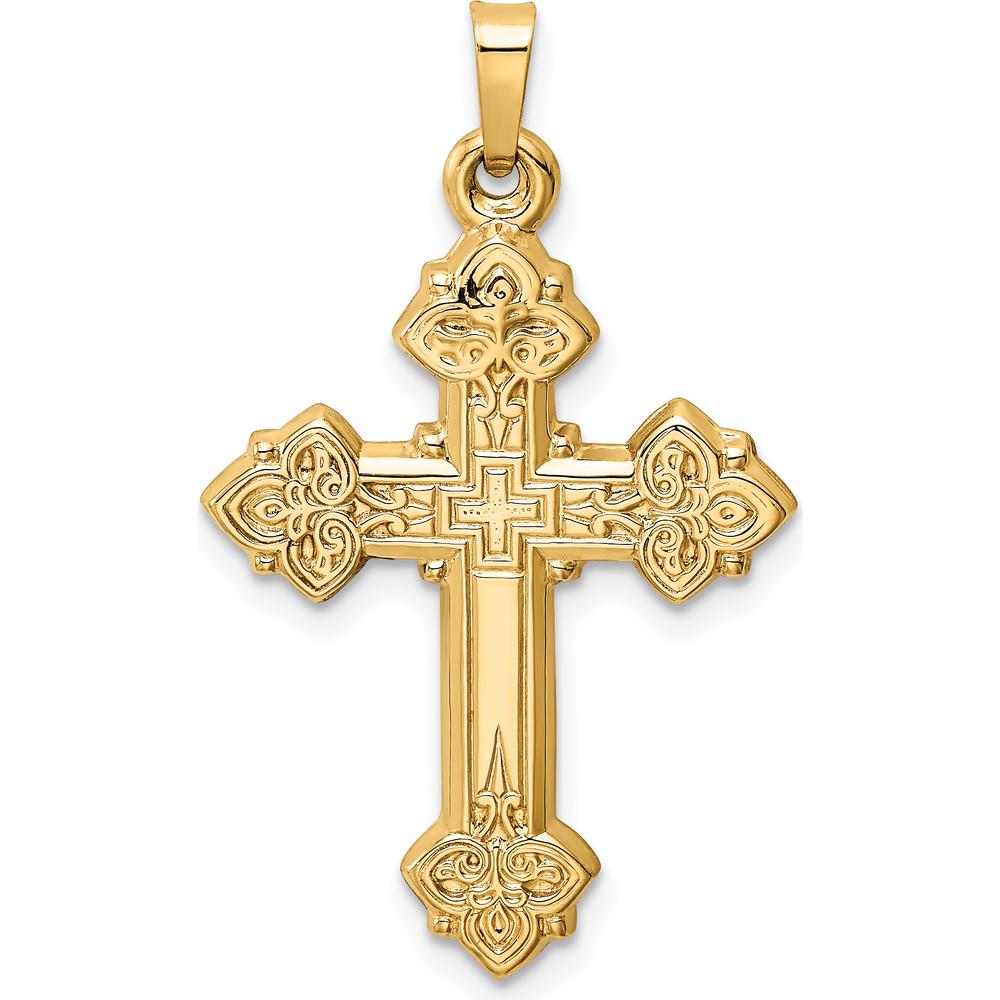 14K Yellow Gold Budded Hollow Cross Pendant - 39mm x 21mm by Oro Pregiato