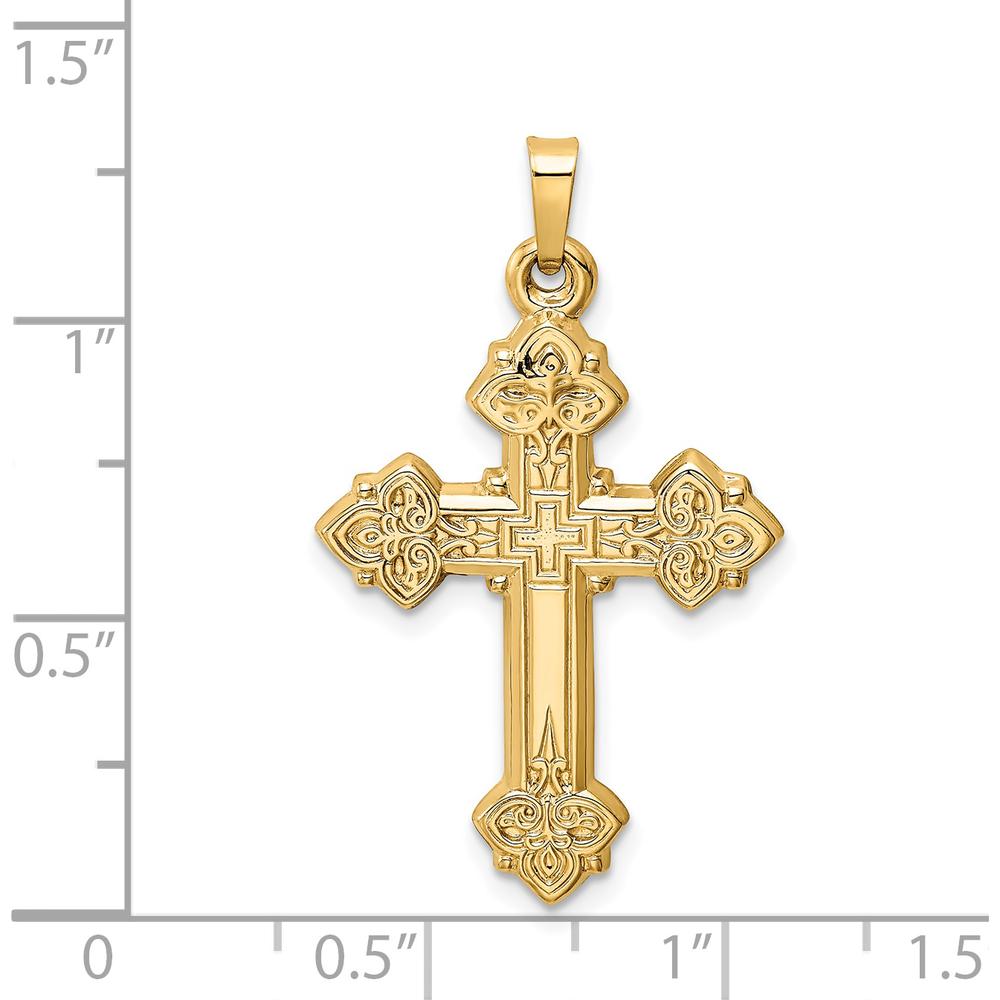 14K Yellow Gold Budded Hollow Cross Pendant - 39mm x 21mm by Oro Pregiato