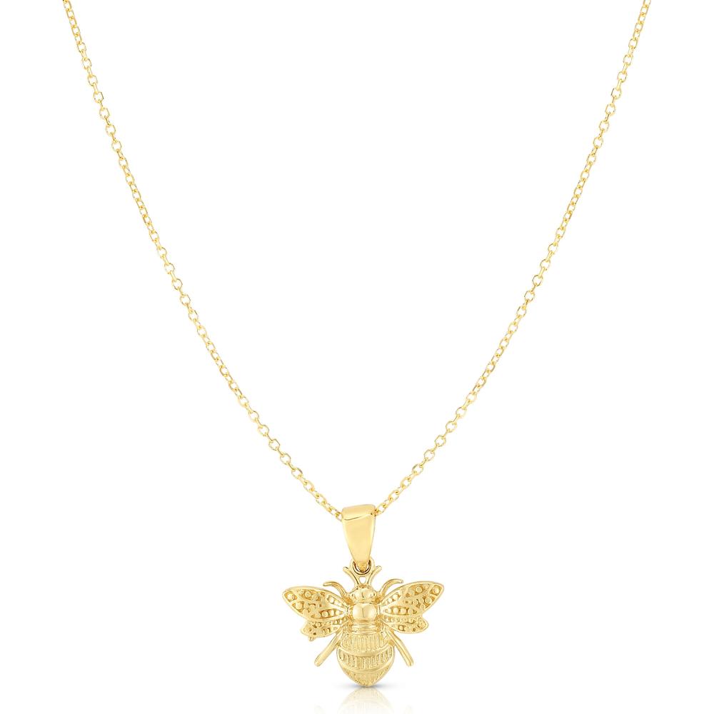 14K Yellow Gold Bumble Bee Pendant Necklace - 18" Adjustable Chain by Orozza Fine Jewelry