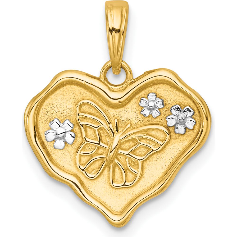 14K Yellow Gold Butterfly and Flower Pendant with Polished and Textured Wavy Heart Design by Oro Pregiato