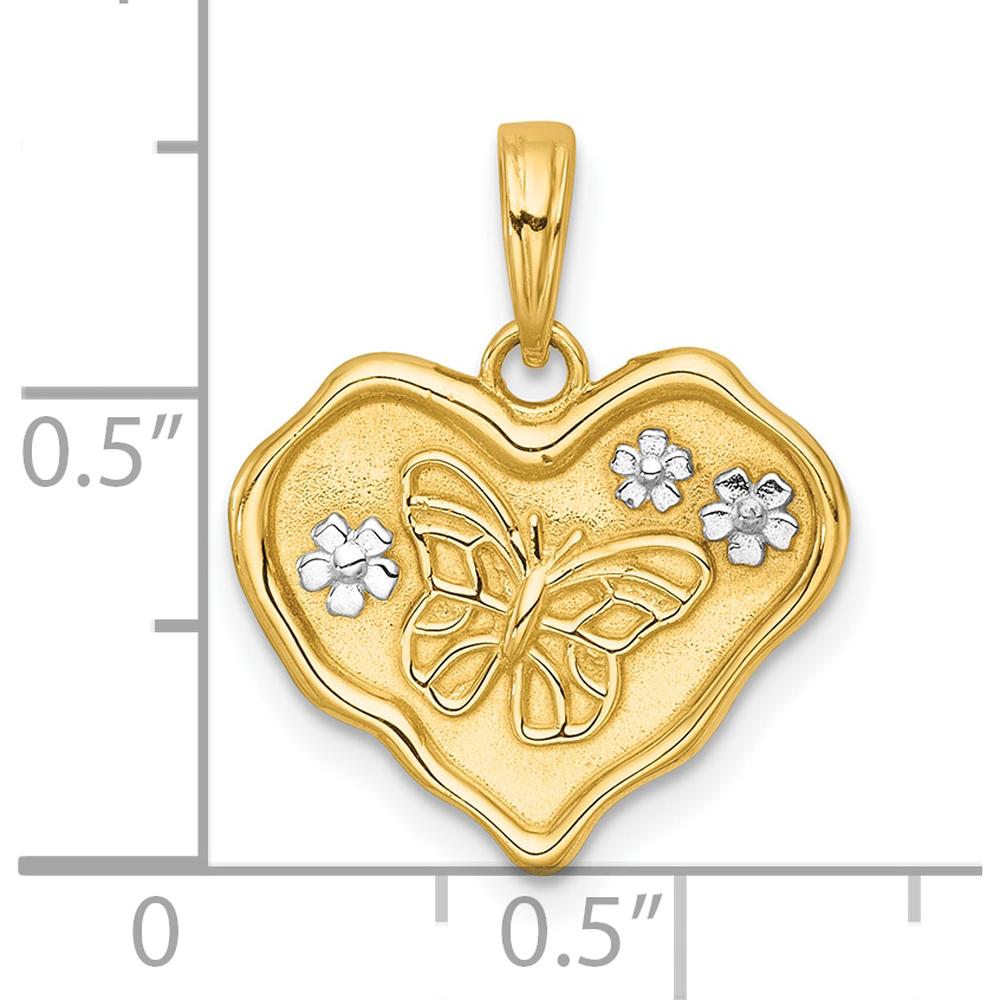 14K Yellow Gold Butterfly and Flower Pendant with Polished and Textured Wavy Heart Design by Oro Pregiato