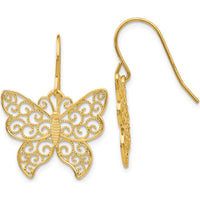 14K Yellow Gold Butterfly Drop Earrings with Polished Filigree Design by 0