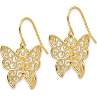 14K Yellow Gold Butterfly Drop Earrings with Polished Filigree Design by 0