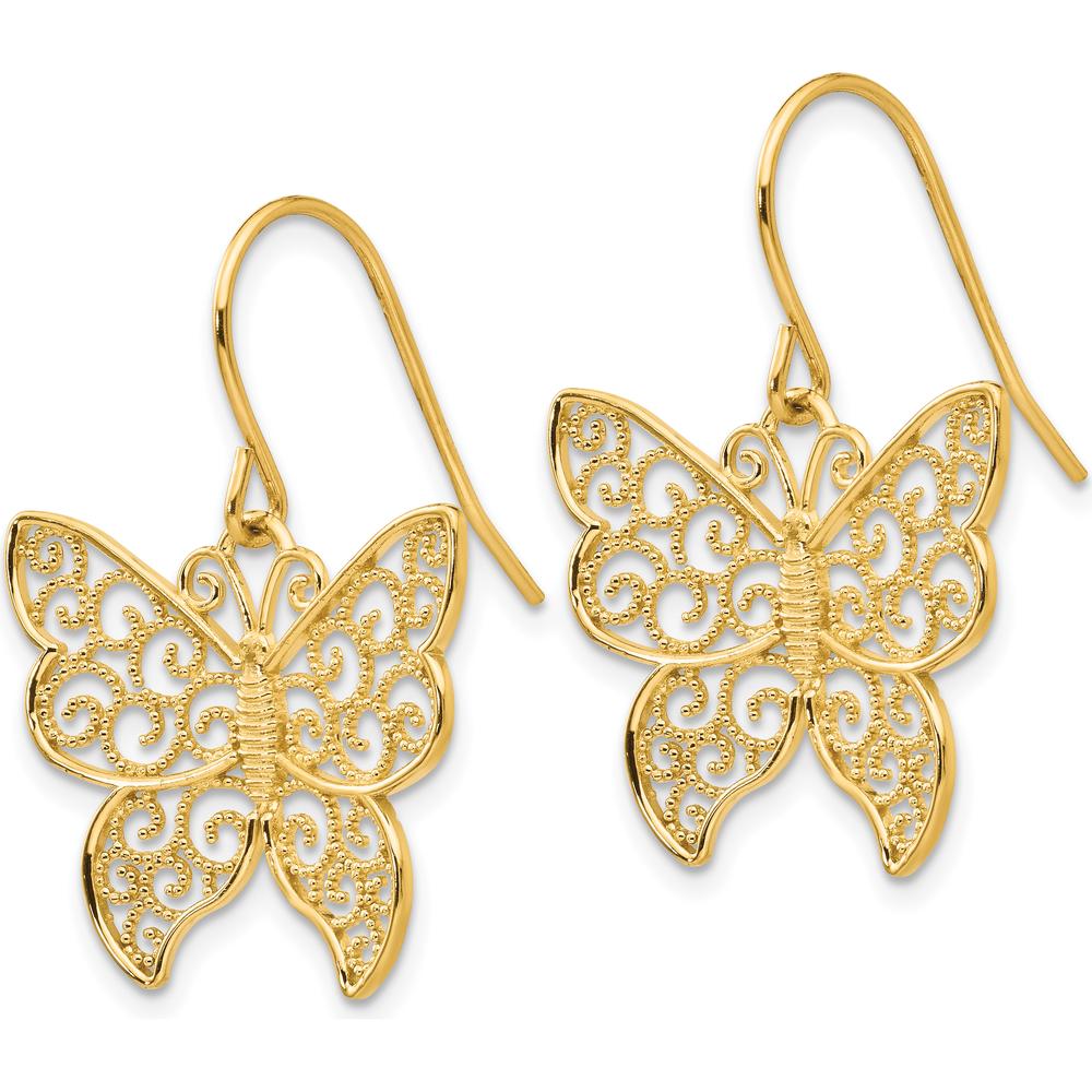 14K Yellow Gold Butterfly Drop Earrings with Polished Filigree Design by 0