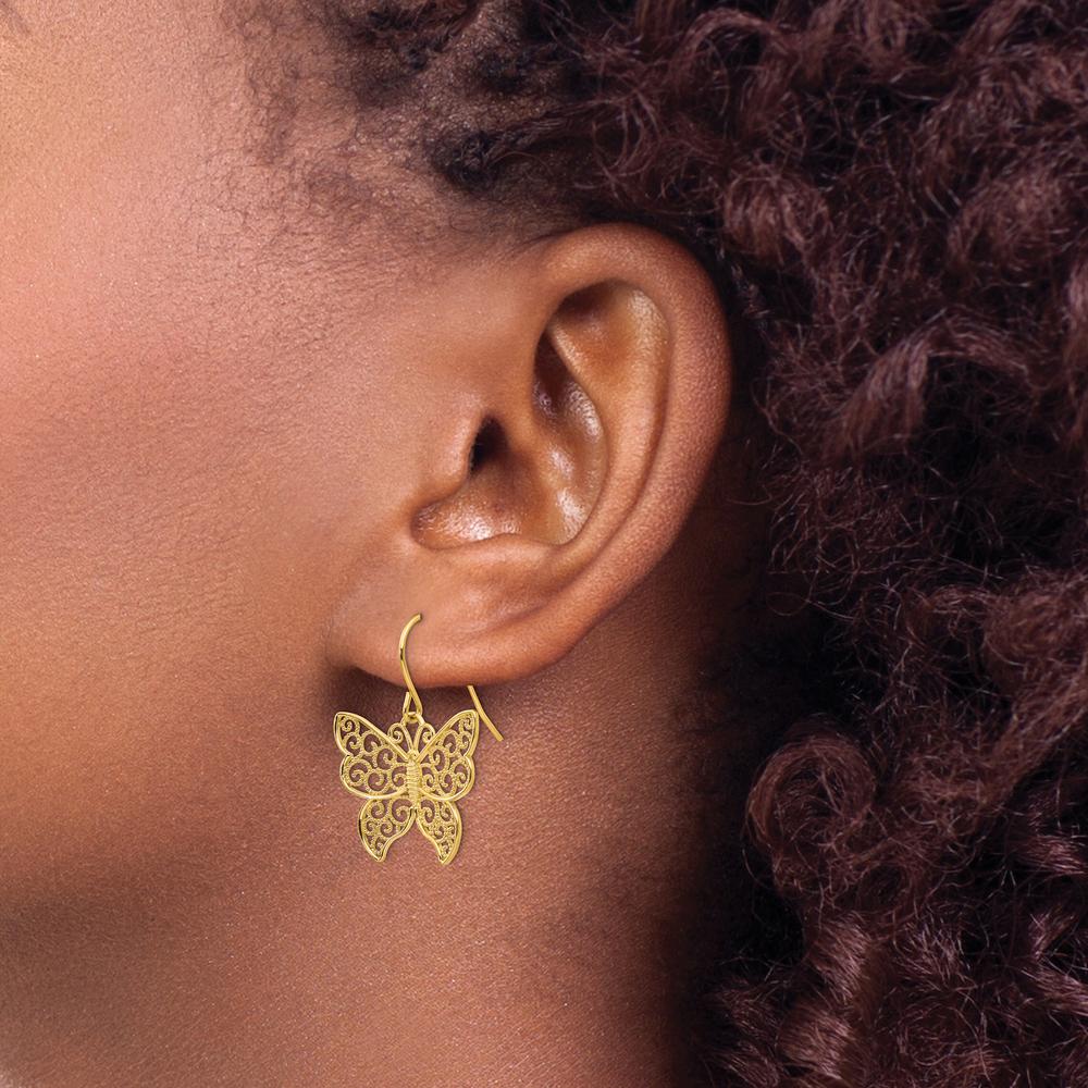 14K Yellow Gold Butterfly Drop Earrings with Polished Filigree Design by 0