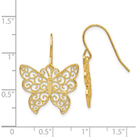 14K Yellow Gold Butterfly Drop Earrings with Polished Filigree Design by 0