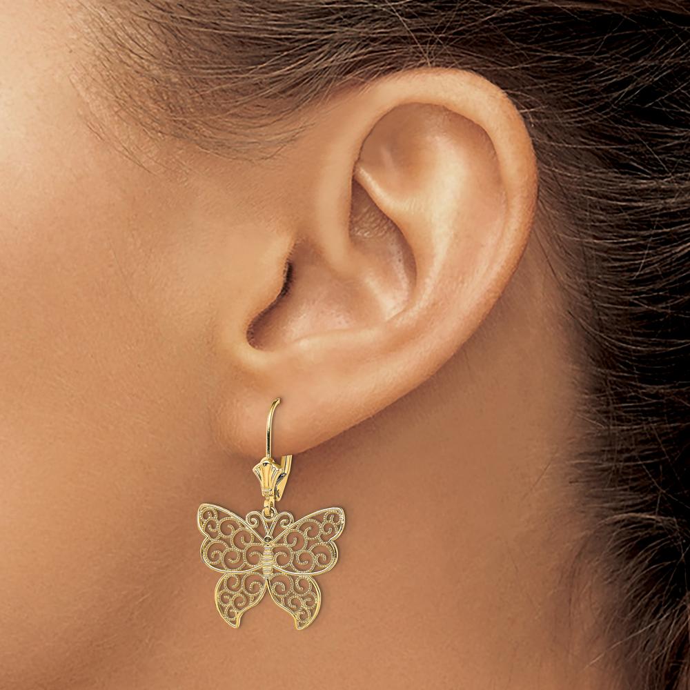 14K Yellow Gold Butterfly Filigree Leverback Earrings with Beaded Wings by 0