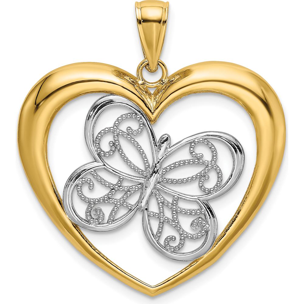 14K Yellow Gold Butterfly in Heart Pendant with Rhodium Accents by Oro Pregiato