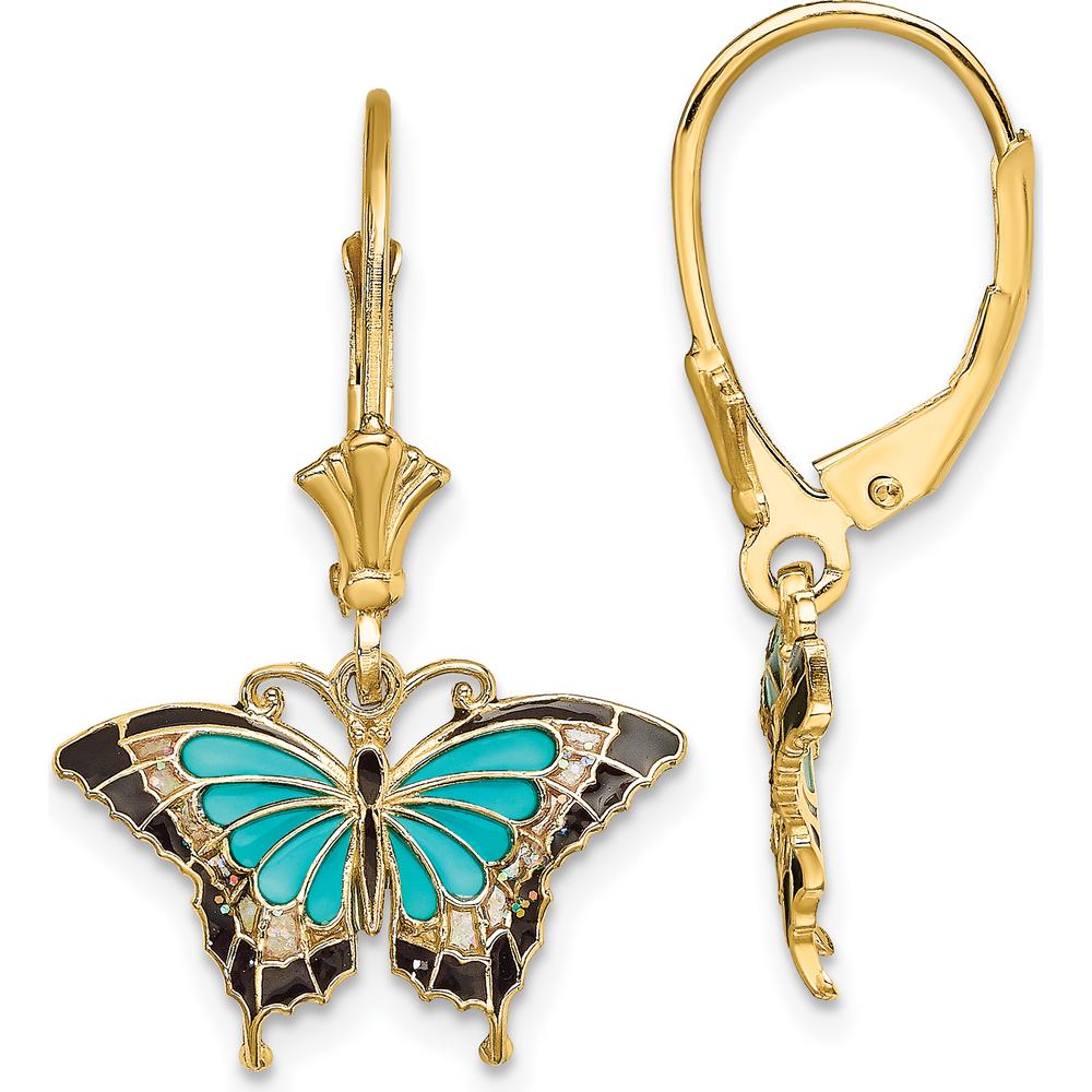 14K Yellow Gold Butterfly Leverback Earrings with Aqua and Multi-Color Enamel Wings by 0