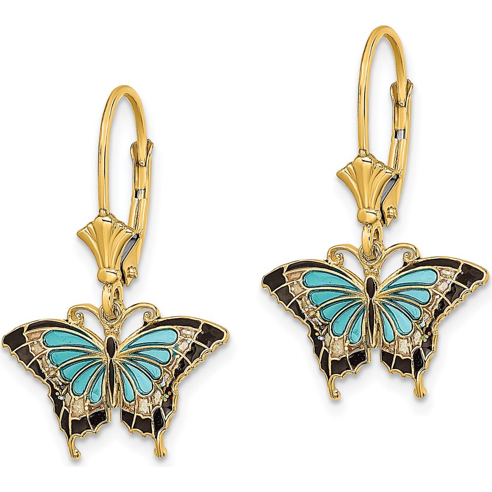 14K Yellow Gold Butterfly Leverback Earrings with Aqua and Multi-Color Enamel Wings by 0