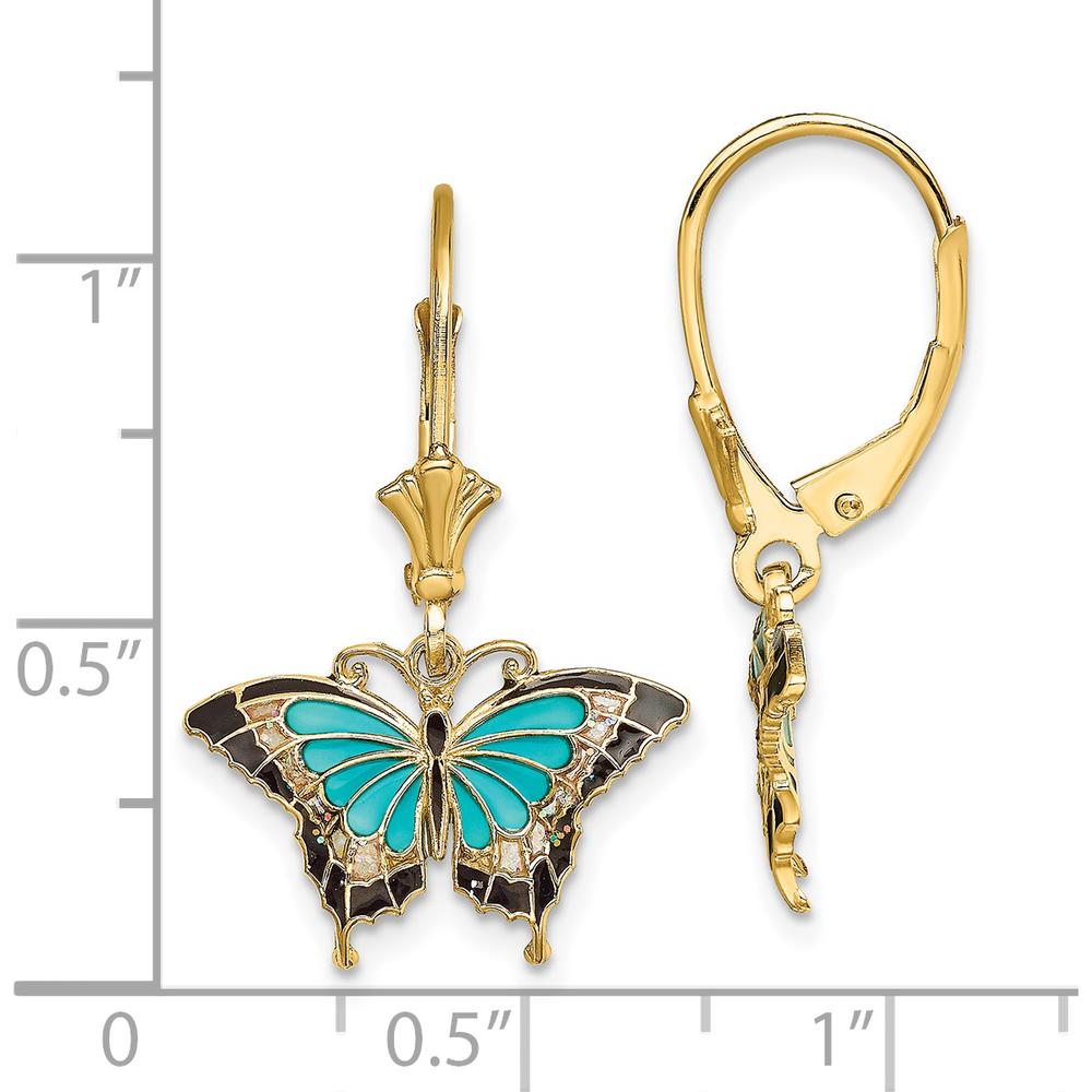14K Yellow Gold Butterfly Leverback Earrings with Aqua and Multi-Color Enamel Wings by 0
