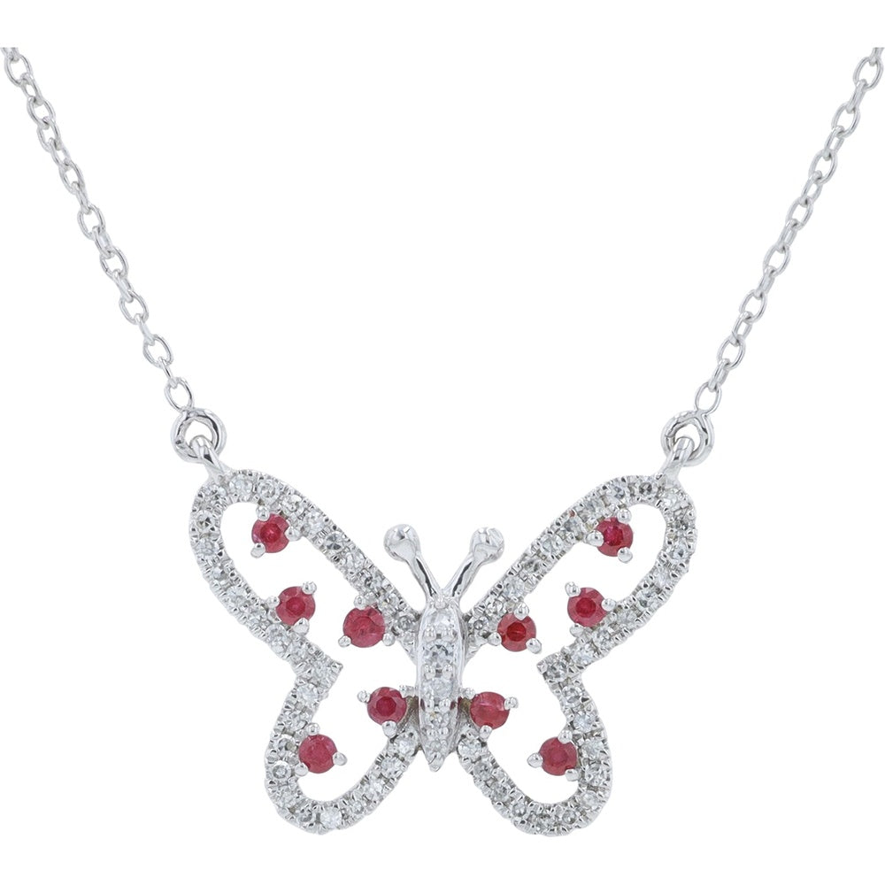 14K Yellow Gold Butterfly Motif Necklace with Pavé-Set Diamonds and Prong-Set Ruby Accents - 0.11 Carat Total Diamond Weight and 0.11 Carat Total Ruby Weight