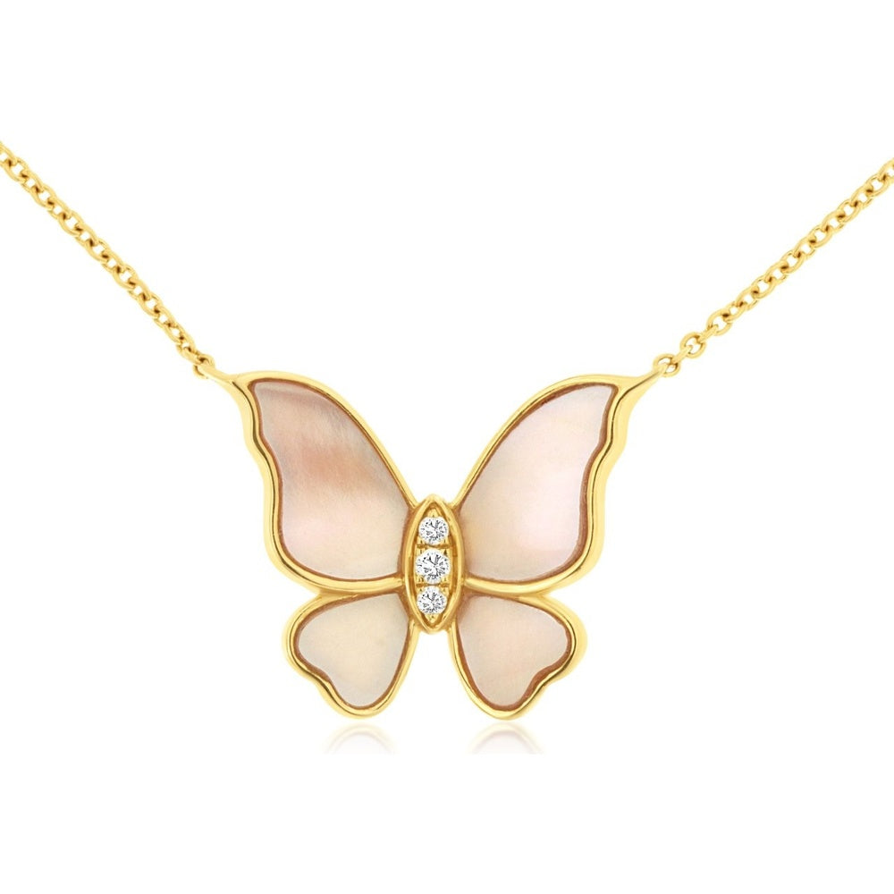 14K Yellow Gold Butterfly Motif Pendant Necklace with Bead-Set Round Diamonds and Mother of Pearl Inlay - 0.05 Carat Total Diamond Weight - Royal Jewelry