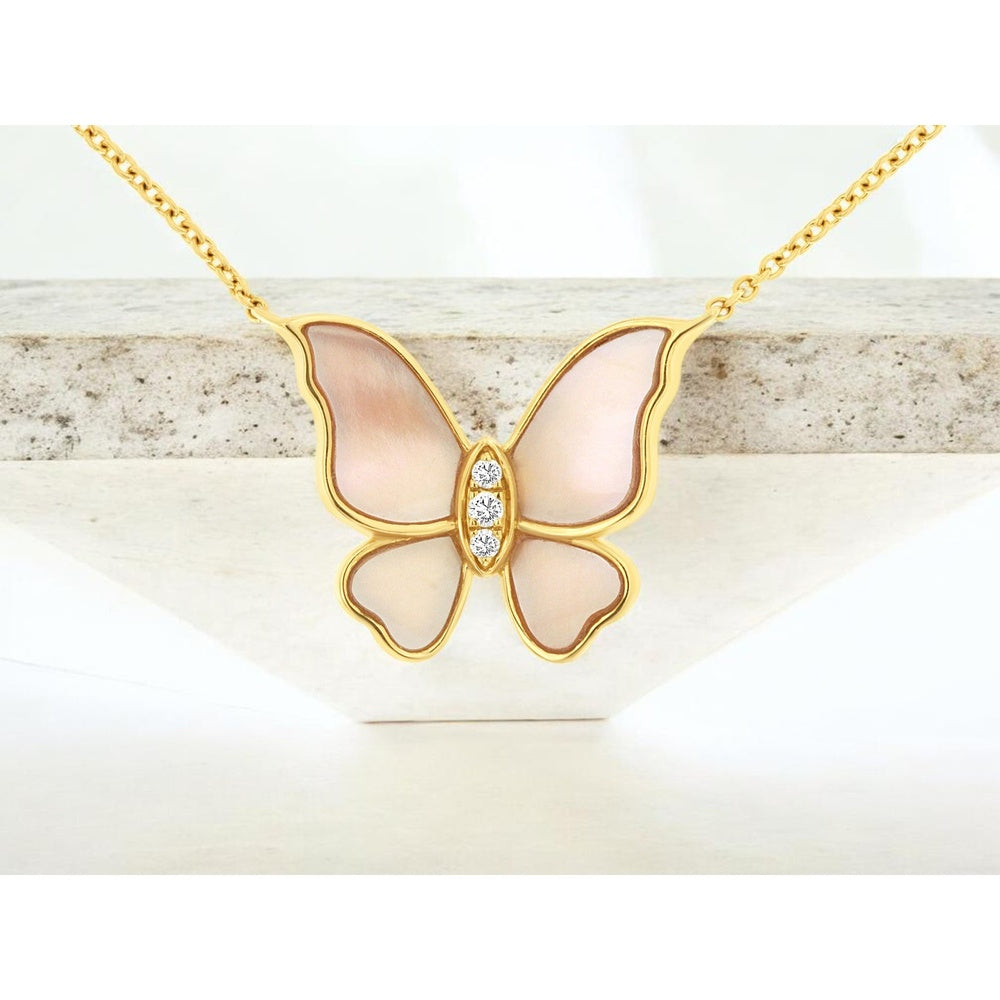 14K Yellow Gold Butterfly Motif Pendant Necklace with Bead-Set Round Diamonds and Mother of Pearl Inlay - 0.05 Carat Total Diamond Weight - Royal Jewelry