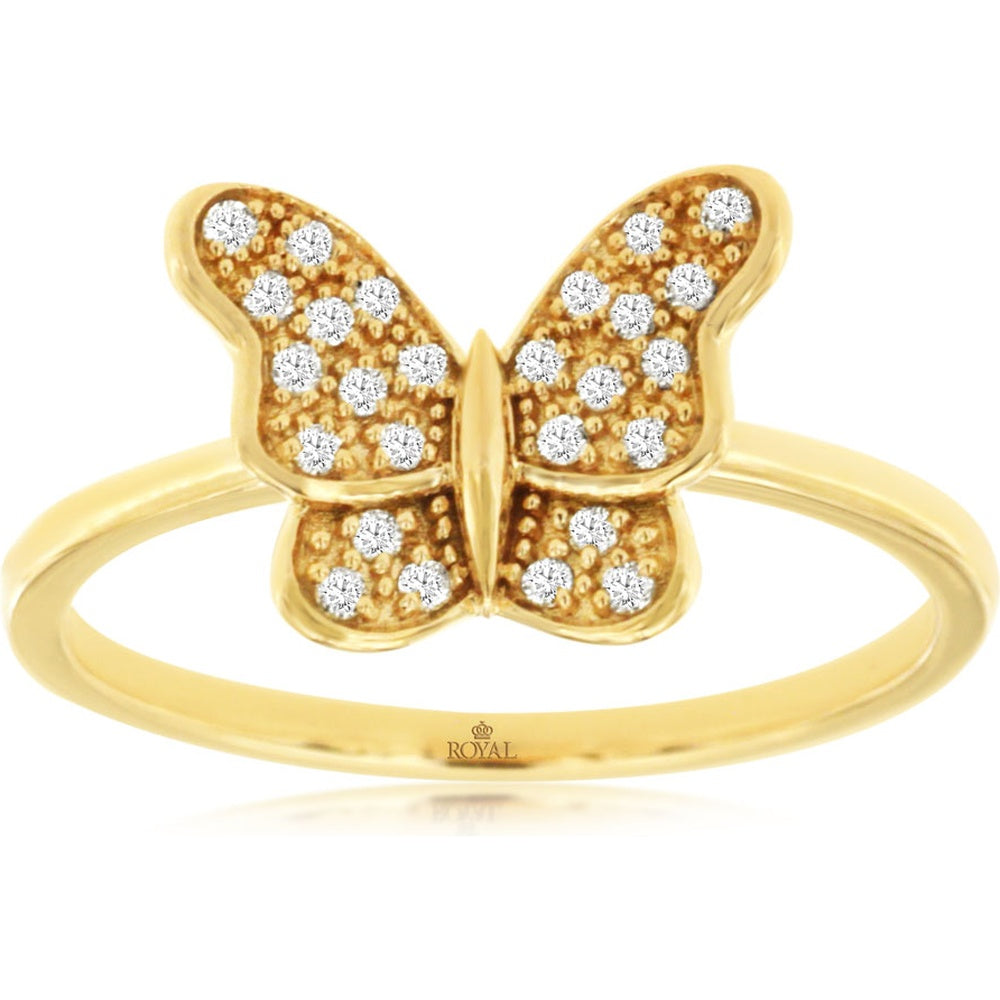 14K Yellow Gold Butterfly Motif Ring with Milgrain Texture and Pavé Set Round Diamonds - 0.13 Carat Total Diamond Weight - Royal Jewelry