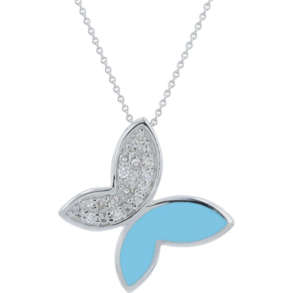 14K Yellow Gold Butterfly Necklace with 0.16 Carat Diamonds and Blue Enamel
