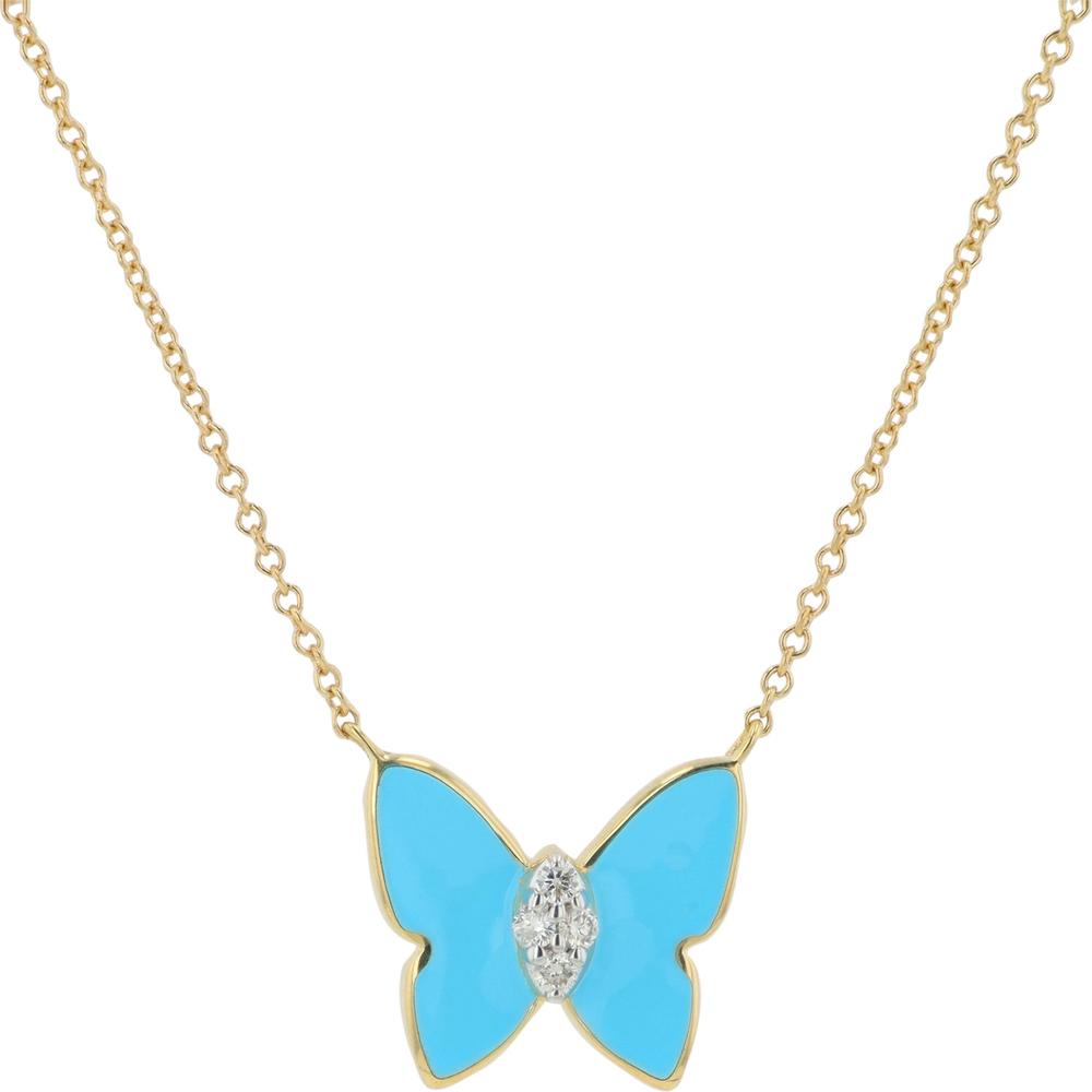 14K Yellow Gold Butterfly Necklace with Blue Enamel and 0.05 Carat Diamond Center