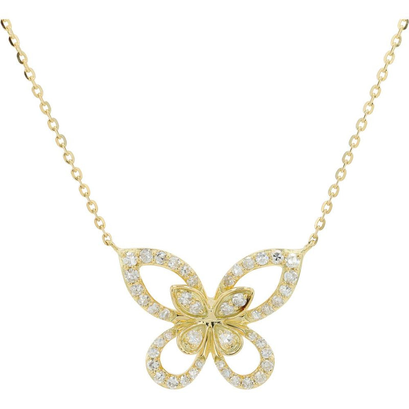 14K Yellow Gold Butterfly Necklace with Pavé-Set Diamonds - 0.28 Carats Total Diamond Weight