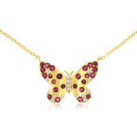 14K Yellow Gold Butterfly Necklace with Round Diamonds and Vivid Rubies - 0.10 Carat Total Diamond Weight and 0.50 Carat Total Ruby Weight - Royal Jewelry