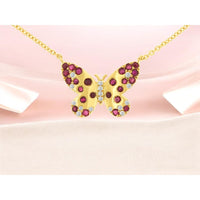 14K Yellow Gold Butterfly Necklace with Round Diamonds and Vivid Rubies - 0.10 Carat Total Diamond Weight and 0.50 Carat Total Ruby Weight - Royal Jewelry
