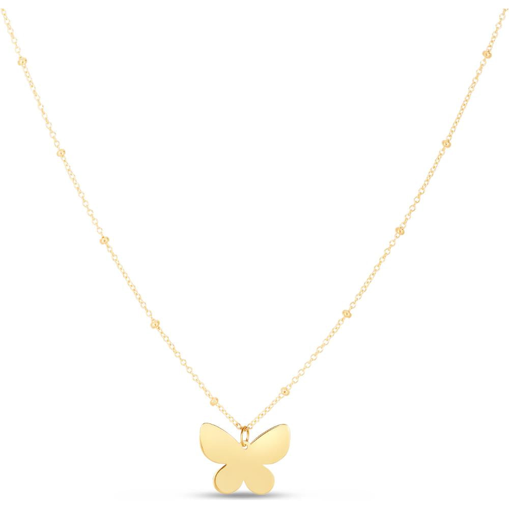 14K Yellow Gold Butterfly Pendant Necklace with Adjustable 18" Beaded Chain by Orozza Fine Jewelry