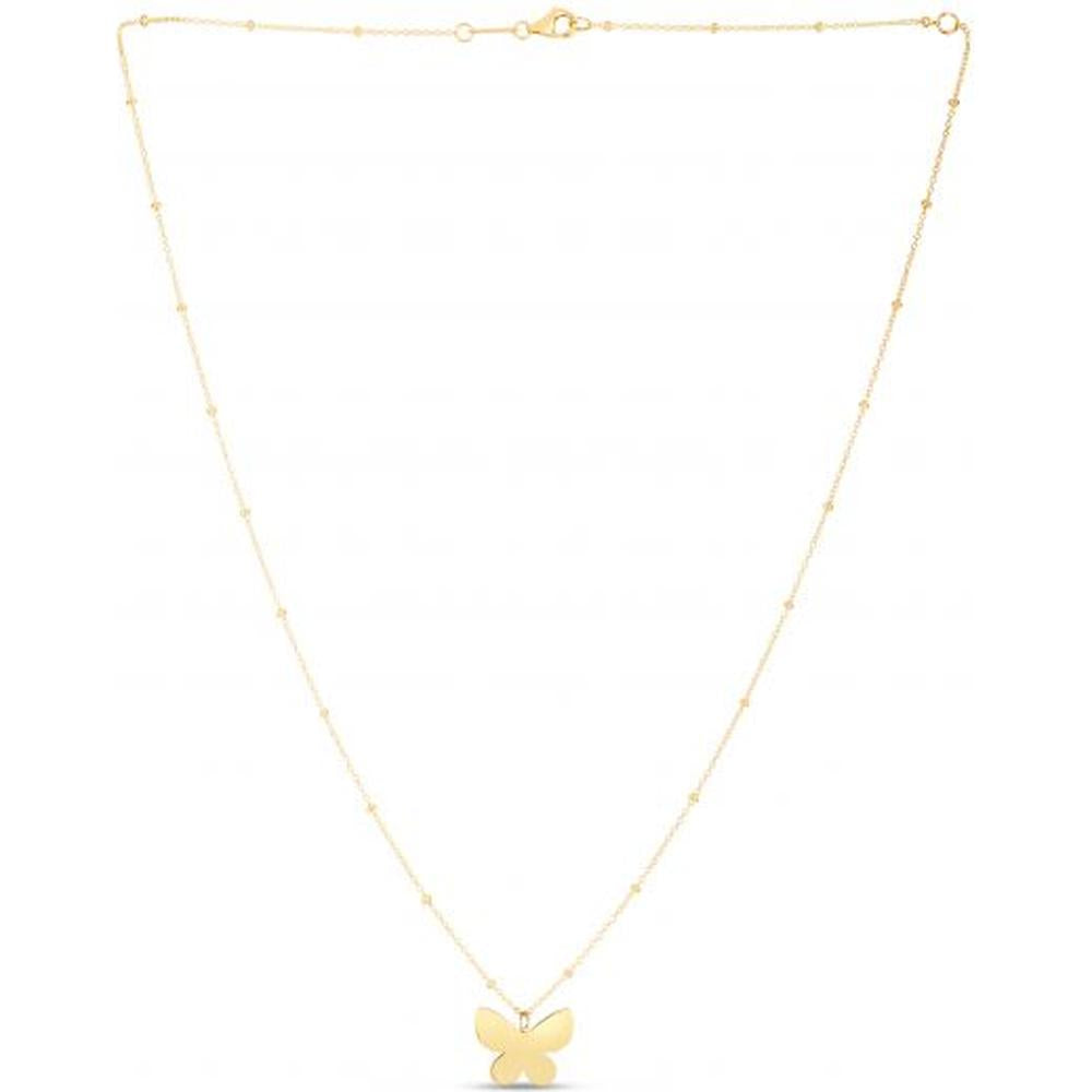 14K Yellow Gold Butterfly Pendant Necklace with Adjustable 18" Beaded Chain by Orozza Fine Jewelry
