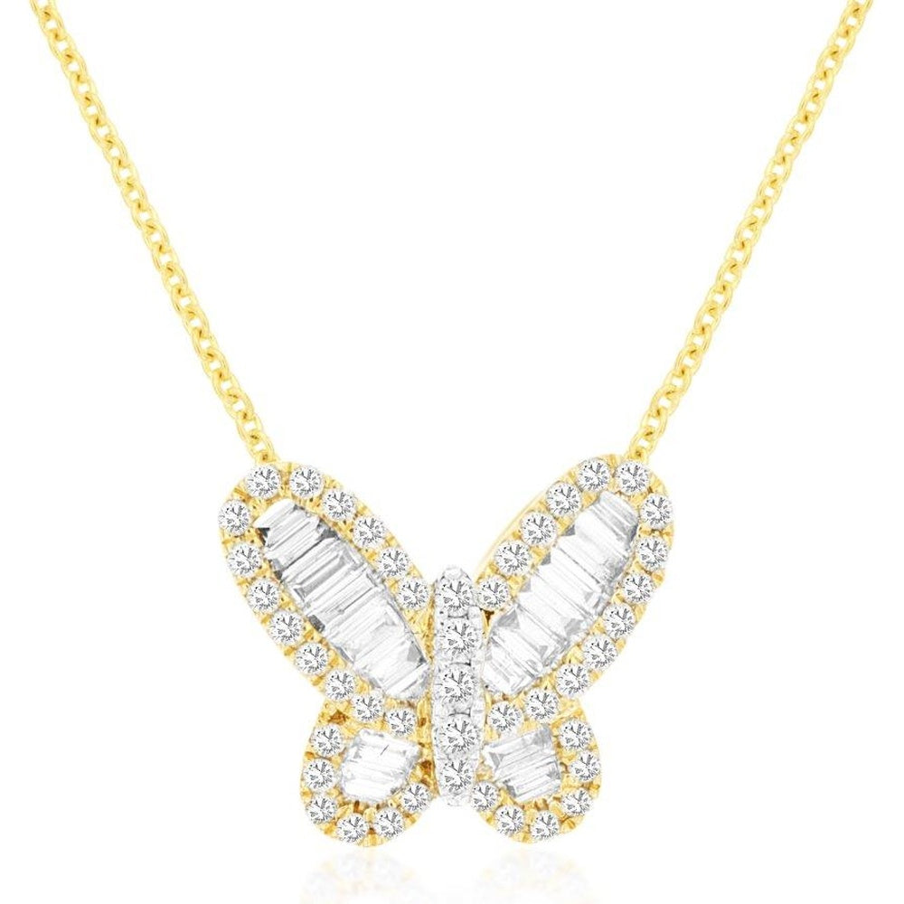 14K Yellow Gold Butterfly Pendant Necklace with Baguette and Round Diamonds - 0.50 Carat Total Diamond Weight - Royal Jewelry
