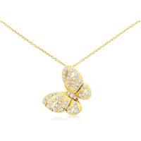 14K Yellow Gold Butterfly Pendant Necklace with Pavé Set Round Diamonds - 0.92 Carat Total Diamond Weight - Royal Jewelry