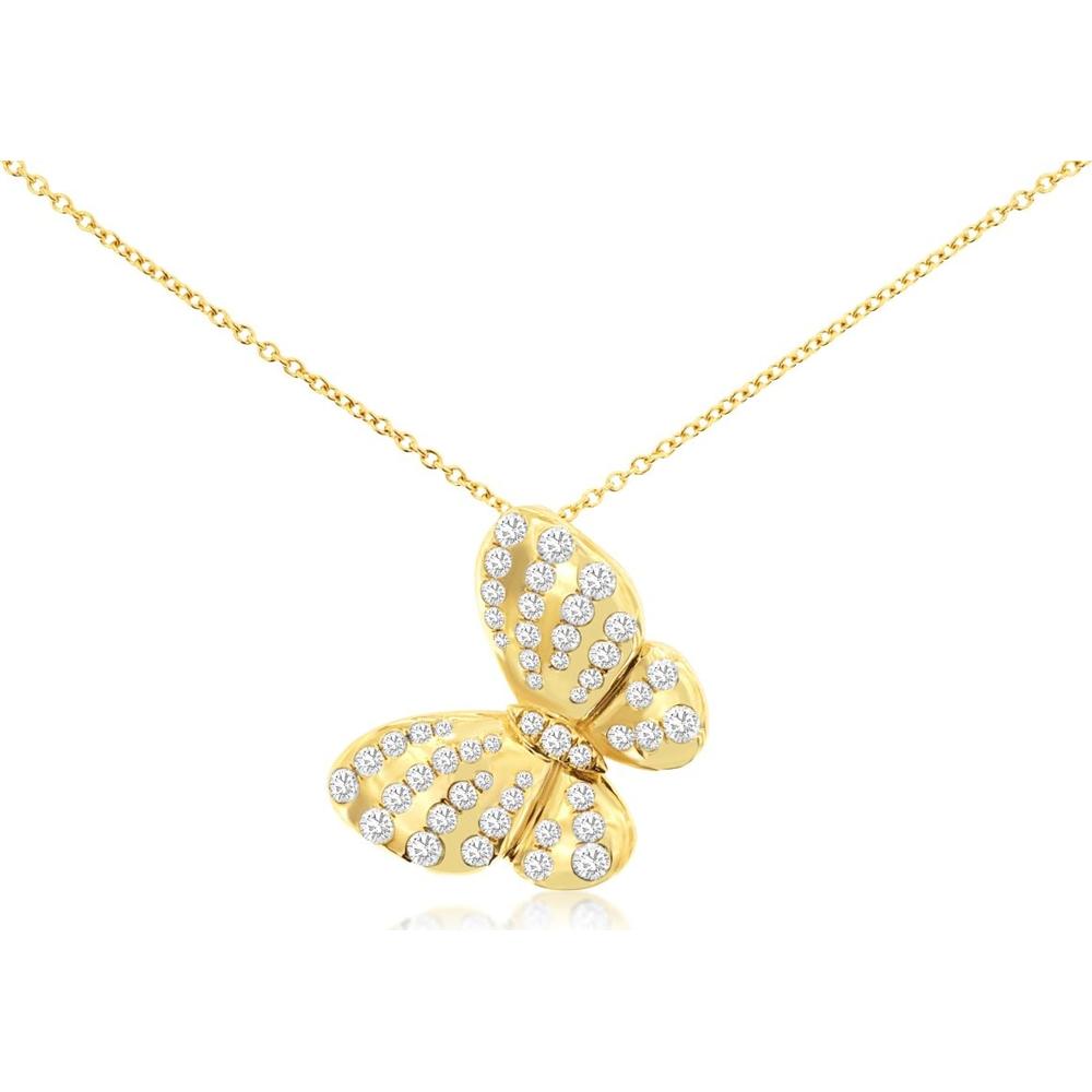14K Yellow Gold Butterfly Pendant Necklace with Pavé Set Round Diamonds - 0.92 Carat Total Diamond Weight - Royal Jewelry