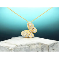 14K Yellow Gold Butterfly Pendant Necklace with Pavé Set Round Diamonds - 0.92 Carat Total Diamond Weight - Royal Jewelry
