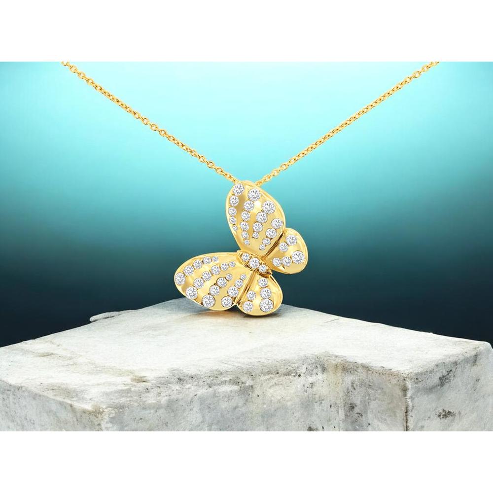 14K Yellow Gold Butterfly Pendant Necklace with Pavé Set Round Diamonds - 0.92 Carat Total Diamond Weight - Royal Jewelry