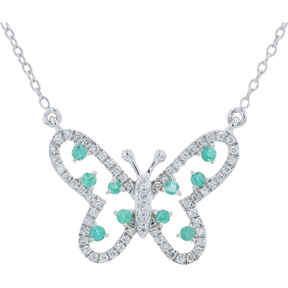 14K Yellow Gold Butterfly Pendant Necklace with Pavé Set Round Diamonds and Round Emerald Accents - 0.11 Carat Total Diamond Weight and 0.11 Carat Total Emerald Weight