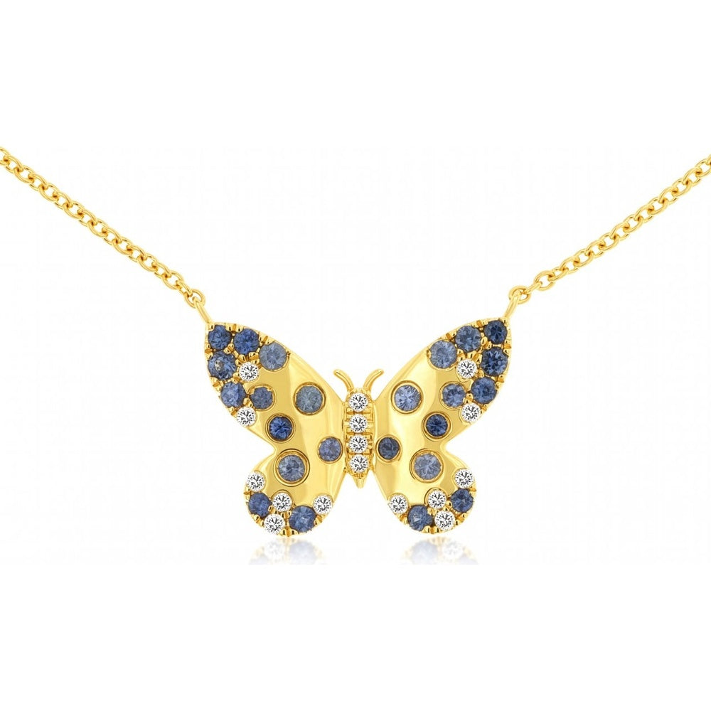 14K Yellow Gold Butterfly Pendant Necklace with Round Cut Sapphires and Diamonds - 0.50 Carat Total Sapphire Weight and 0.10 Carat Total Diamond Weight - Royal Jewelry