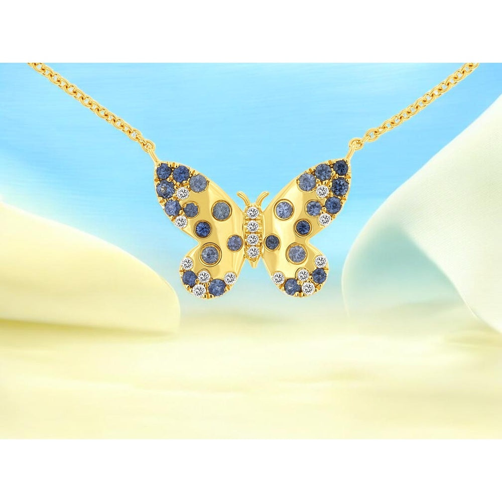 14K Yellow Gold Butterfly Pendant Necklace with Round Cut Sapphires and Diamonds - 0.50 Carat Total Sapphire Weight and 0.10 Carat Total Diamond Weight - Royal Jewelry