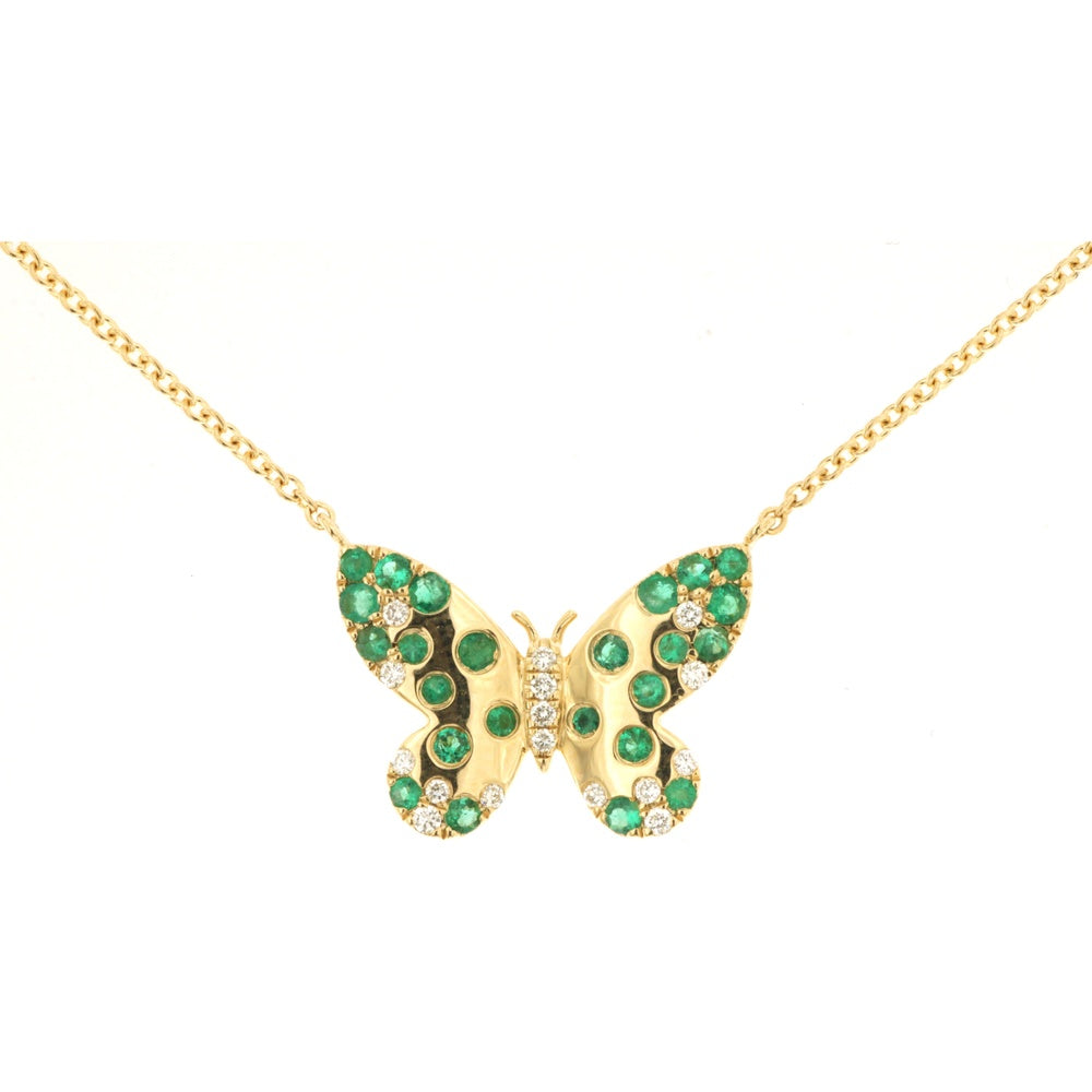 14K Yellow Gold Butterfly Pendant Necklace with Round Emerald and Diamond Accents - 0.45 Carat Emerald and 0.10 Carat Diamond Total Weight - Royal Jewelry