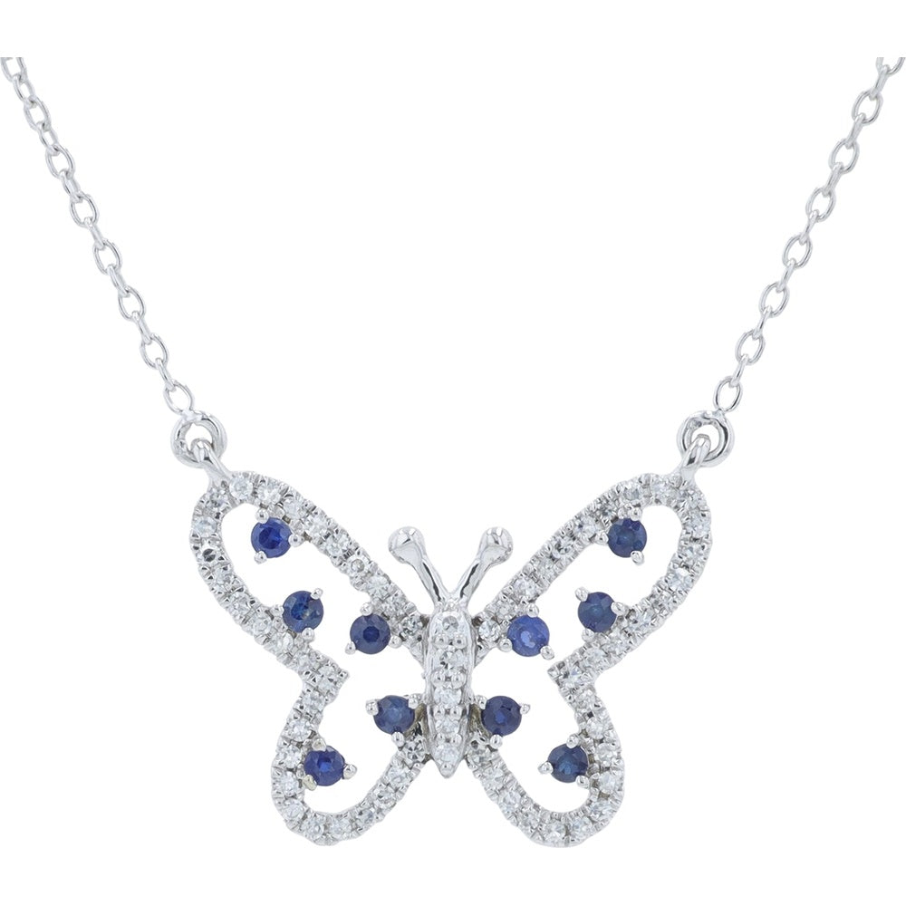 14K Yellow Gold Butterfly Pendant Necklace with Round Sapphires and Prong-Set Diamonds - 0.11 Carat Total Diamond Weight