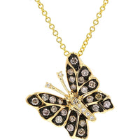 14K Yellow Gold Butterfly Pendant Necklace with White and Chocolate Diamonds - 0.38 Carats Total Diamond Weight