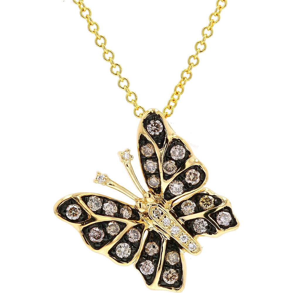 14K Yellow Gold Butterfly Pendant Necklace with White and Chocolate Diamonds - 0.38 Carats Total Diamond Weight